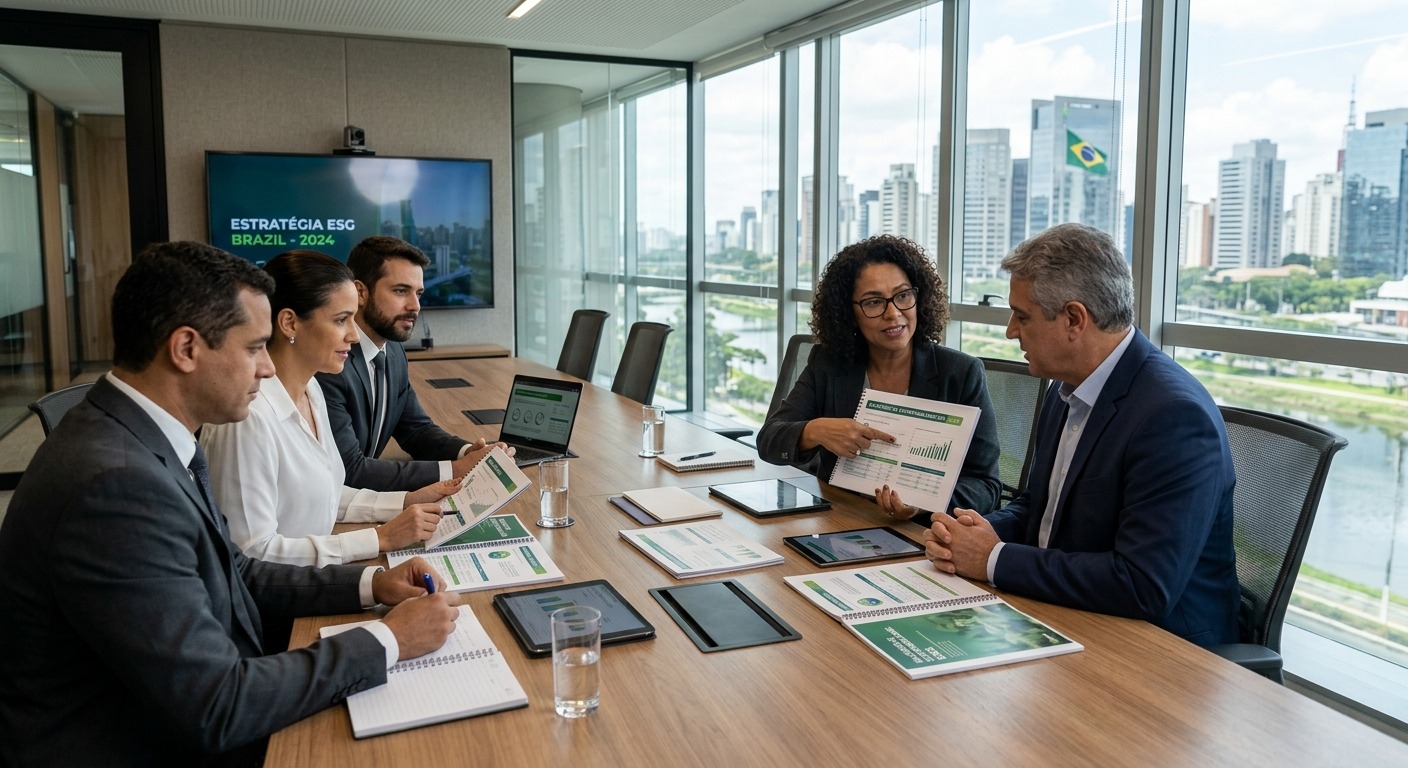 Executivos brasileiros analisando relatórios de sustentabilidade em sala de reunião moderna