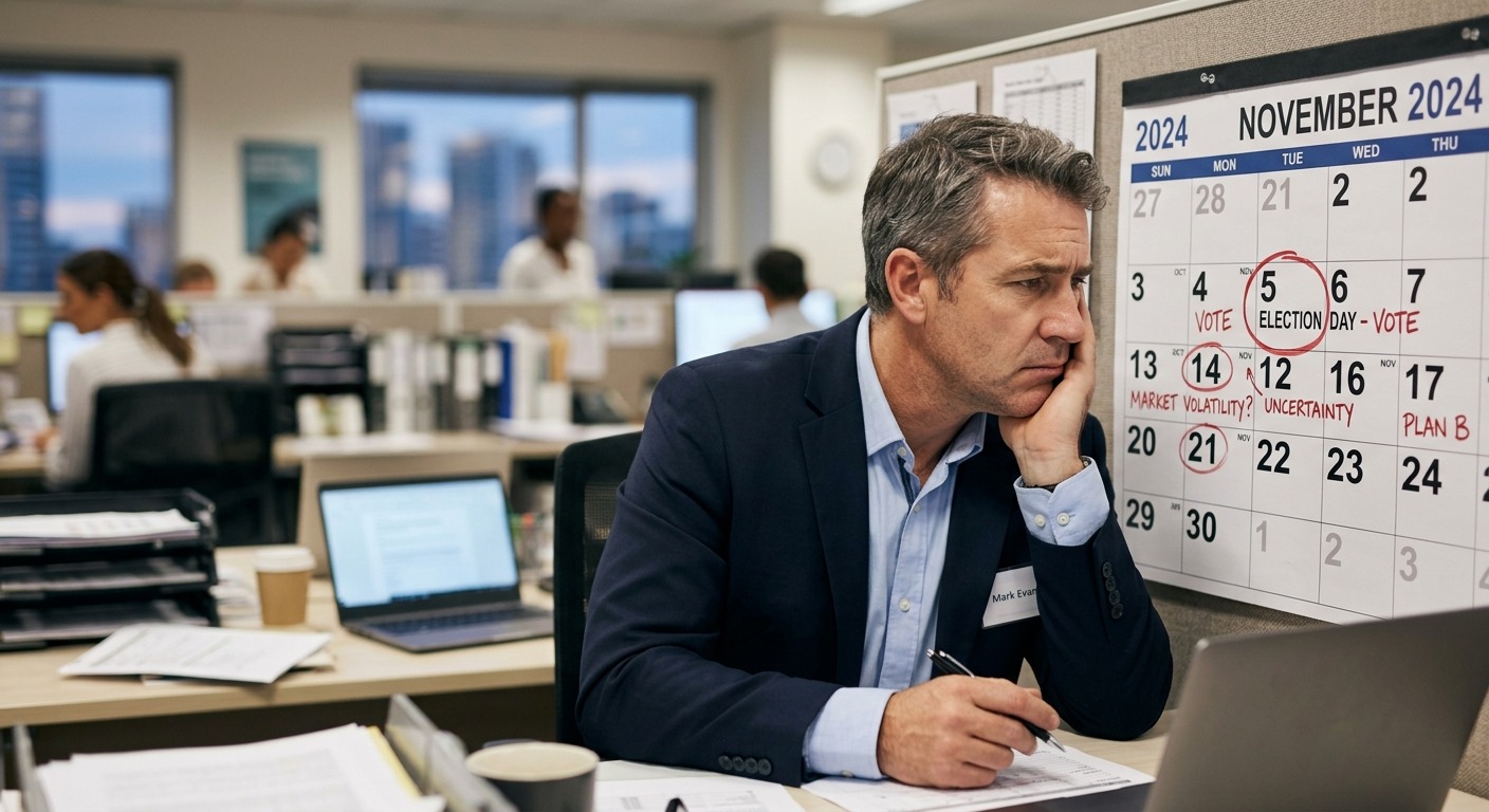Gestor empresarial olhando preocupado para um calendário com datas de eleição marcadas em seu escritório.