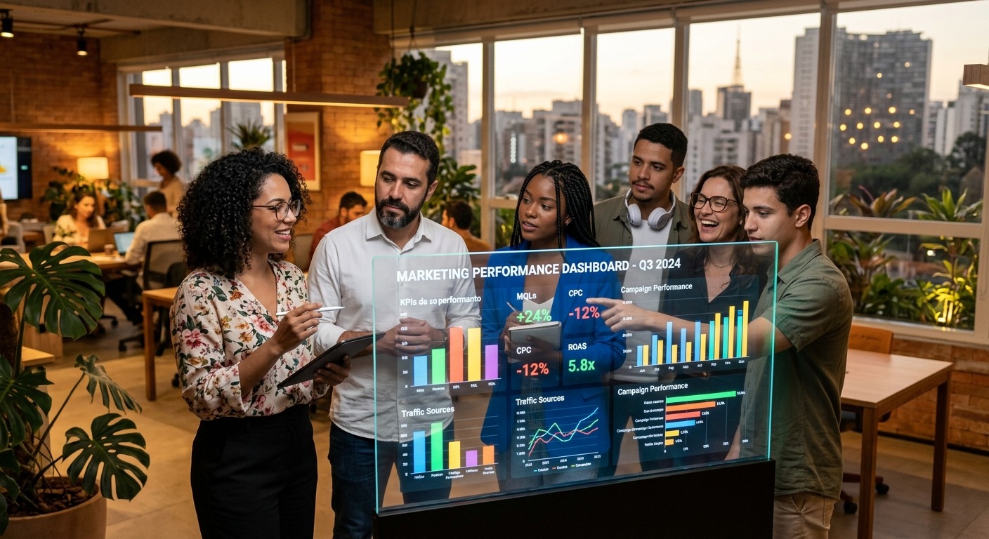 Equipe de marketing revisando painel de desempenho em escritório brasileiro com luz quente