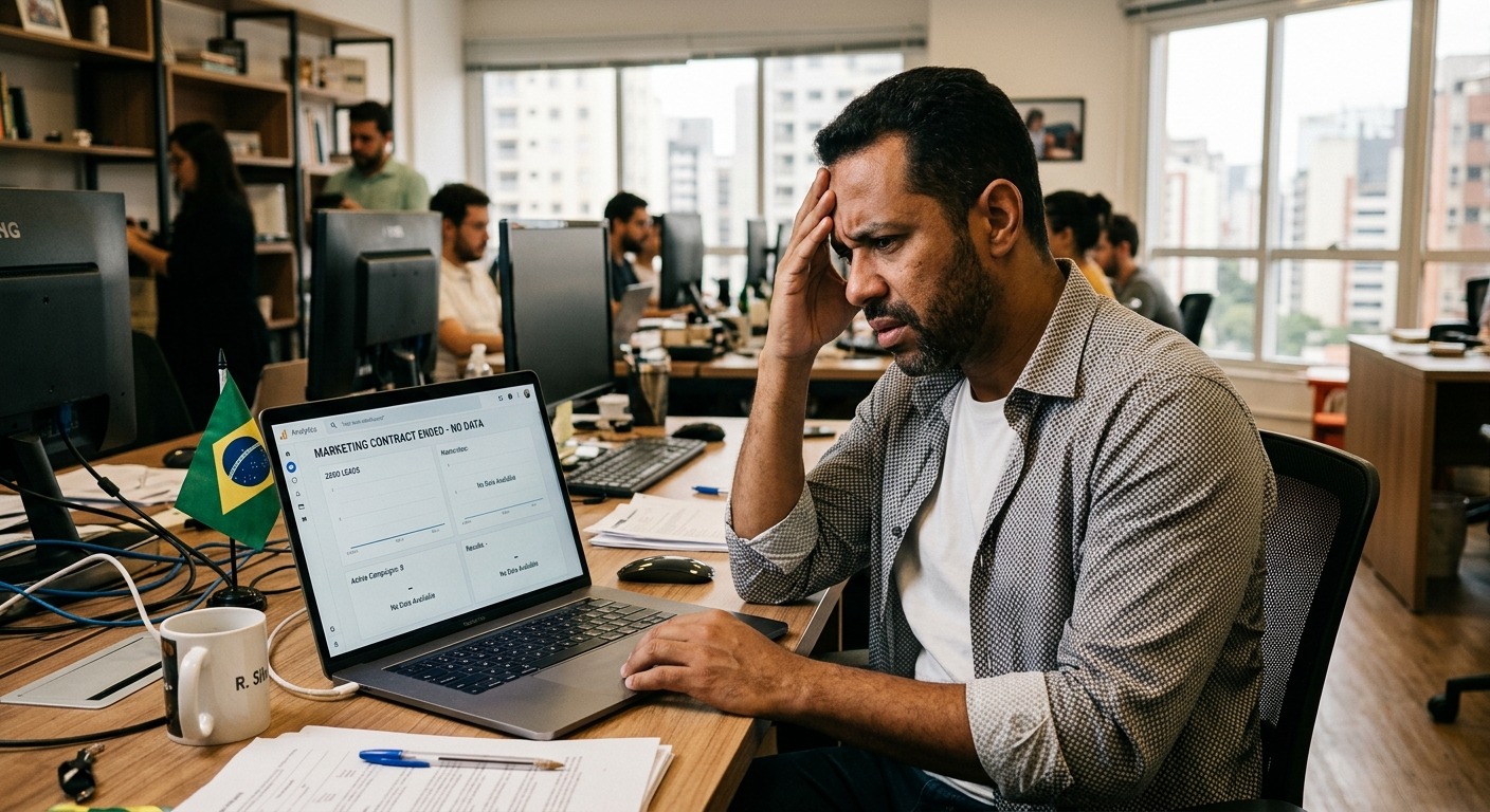 Empresário frustrado diante de dashboard de marketing vazio após encerrar contrato com agência