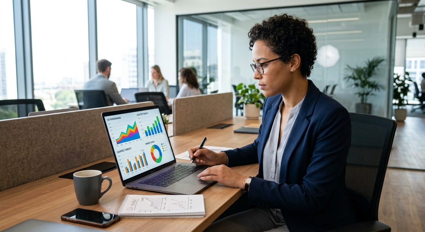 Profissional analisando gráficos de desempenho de marketing em laptop no escritório