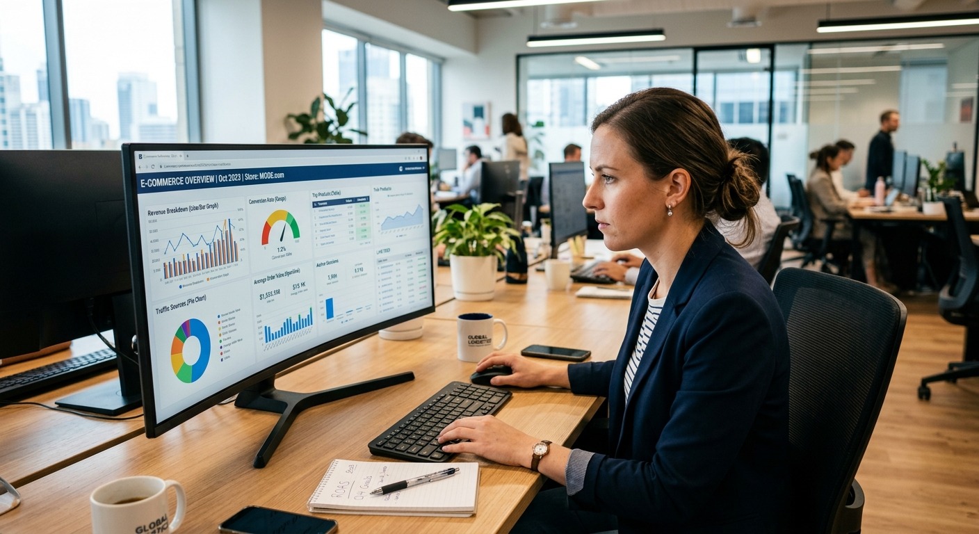 Gestor de e-commerce focado analisando um painel com vários gráficos em uma tela de computador