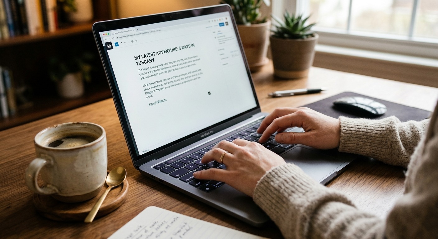 Mãos de uma pessoa digitando em um teclado de notebook para criar um artigo de blog