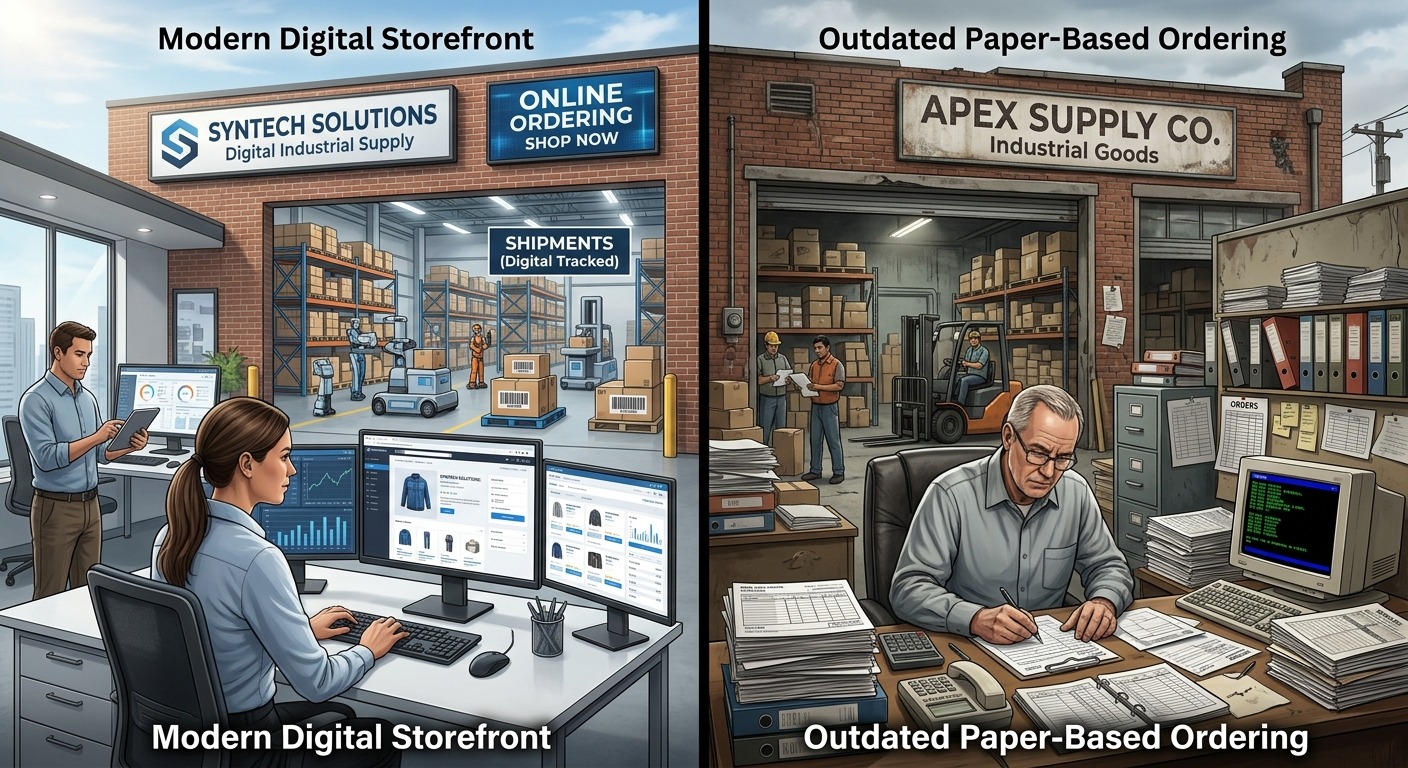 Comparação entre indústria com canal digital moderno e outra com processo de pedido manual desatualizado