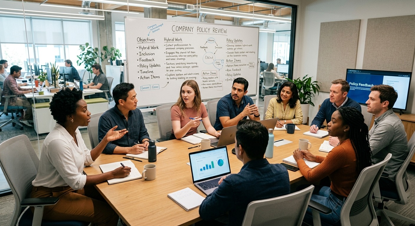 Equipe de e-commerce diversa em reunião discutindo políticas internas da empresa em frente a um quadro branco.