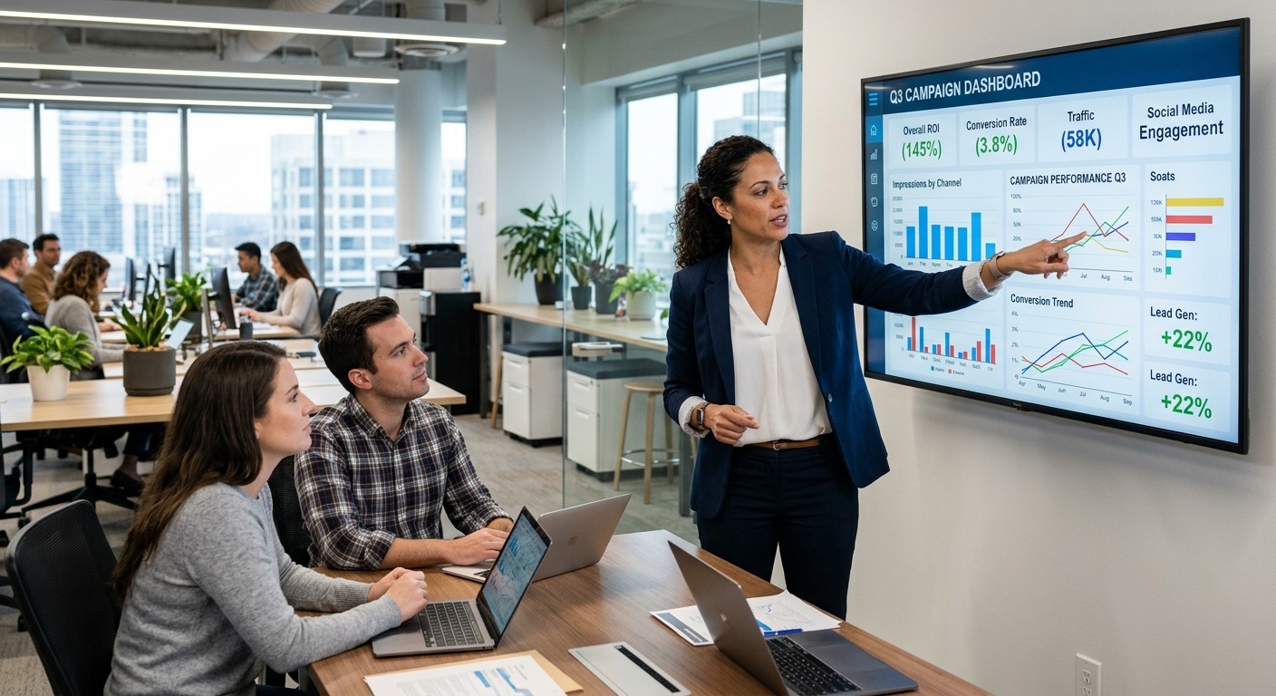 Gestora de marketing apontando para dashboard com métricas de campanha em monitor grande