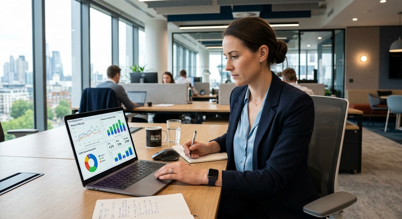 Gestor analisando gráficos de performance de marketing em notebook em escritório moderno