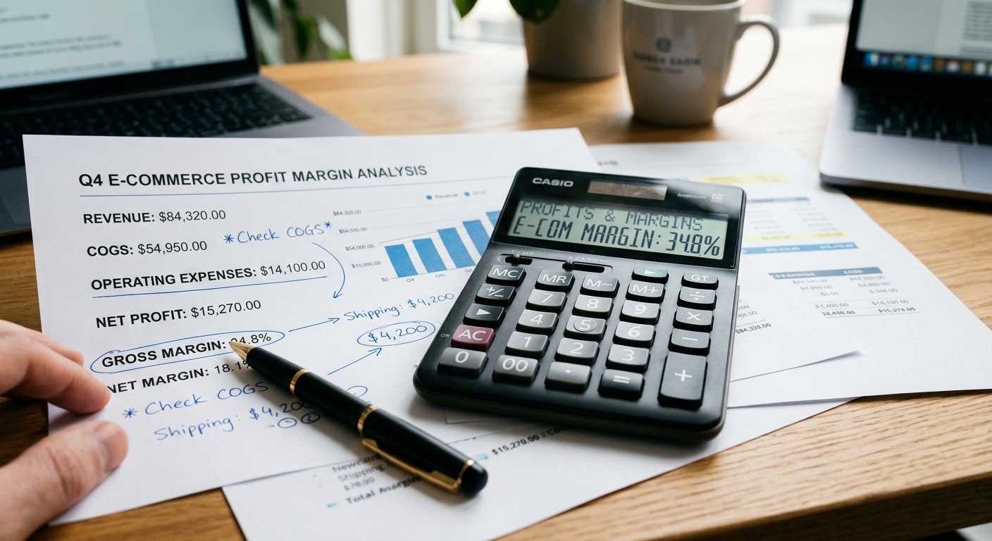 Calculadora e documentos financeiros sobre mesa representando análise de margem de lucro