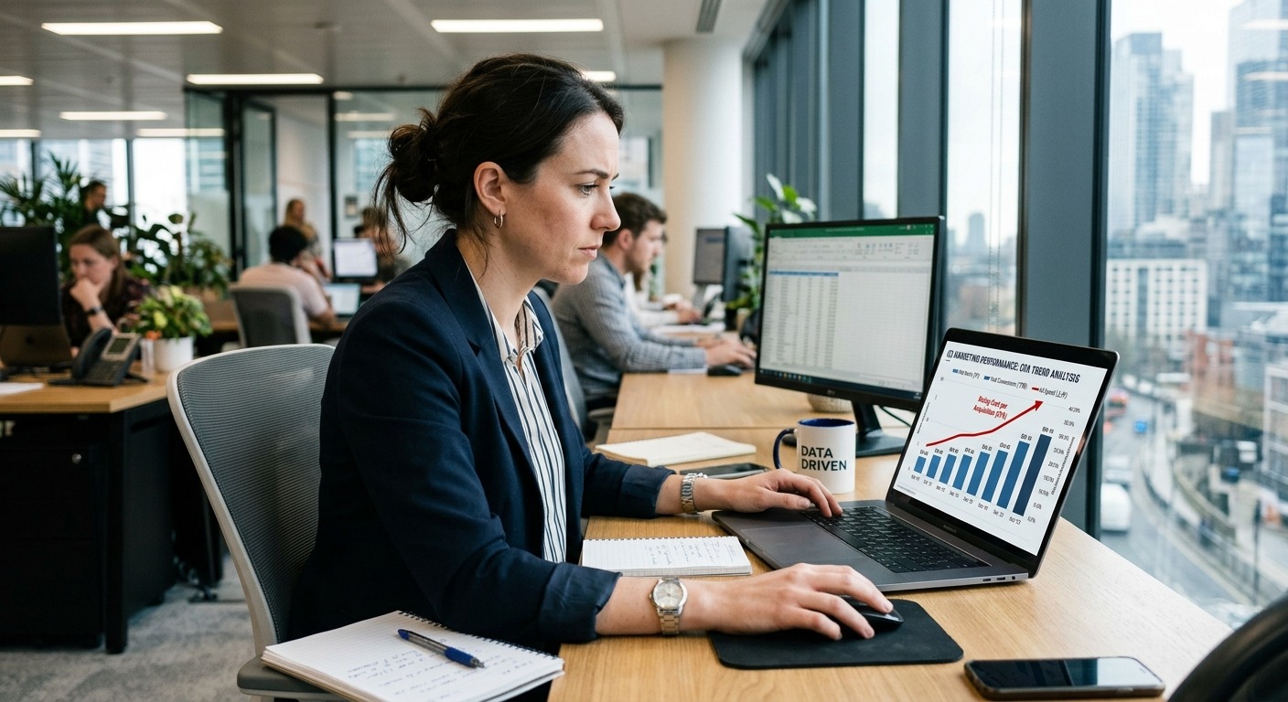 Analista revisando gráfico de custo por aquisição crescente em laptop no escritório