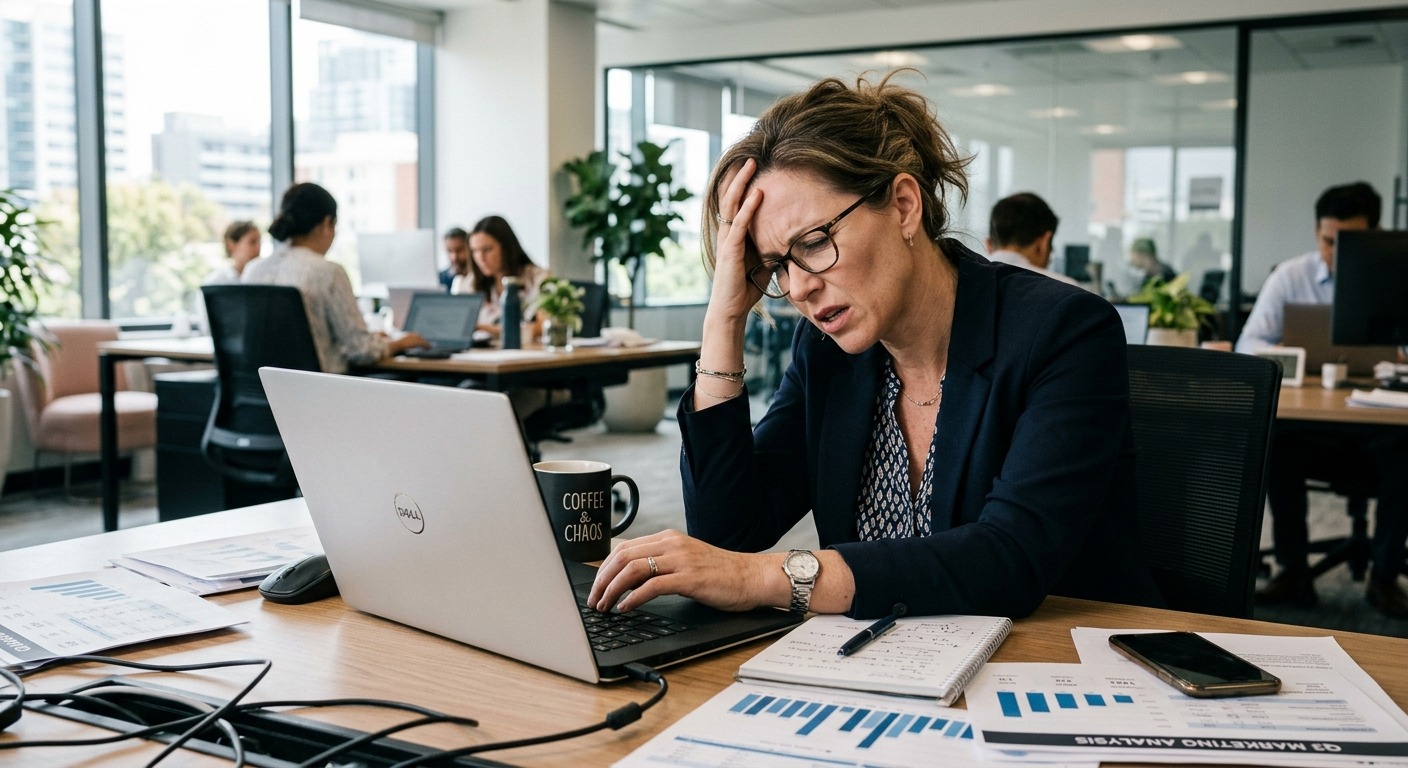 Gestor frustrado revisando relatório de marketing complexo em escritório moderno