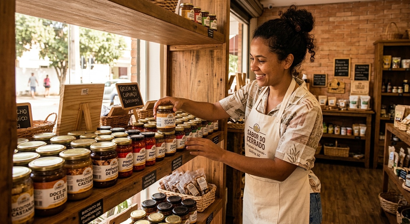 Empreendedor brasileiro organizando produtos com marca própria em prateleira de loja