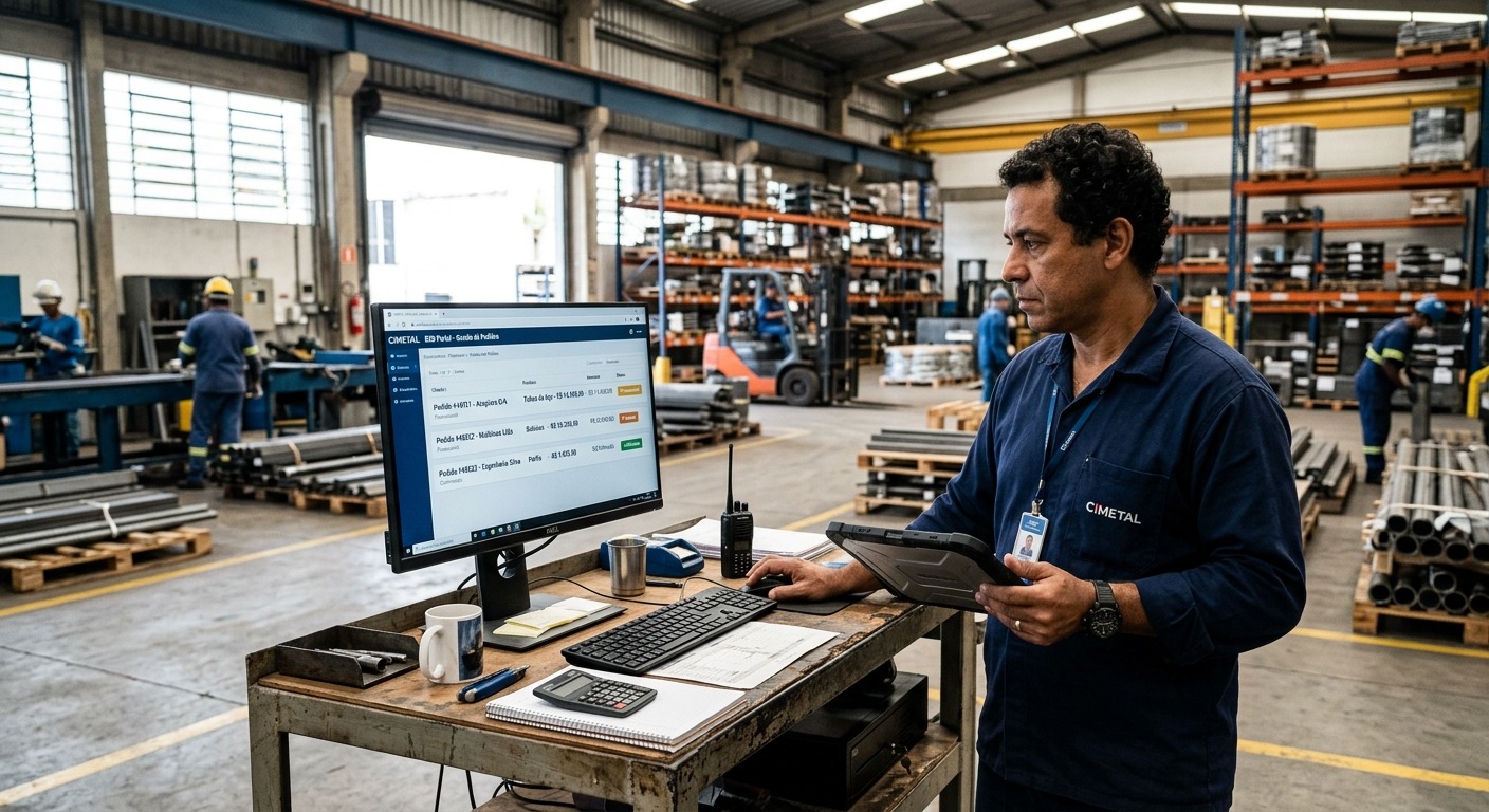 Gerente de fábrica brasileira analisando pedidos de e-commerce B2B em computador no armazém industrial