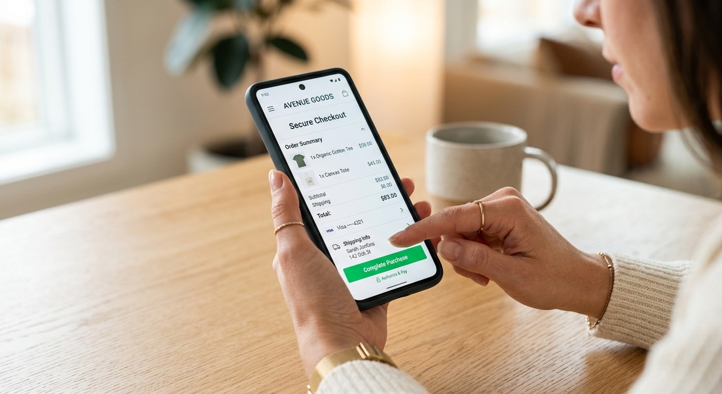 Pessoa finalizando uma compra online pelo celular em um site de e-commerce com design limpo e moderno.
