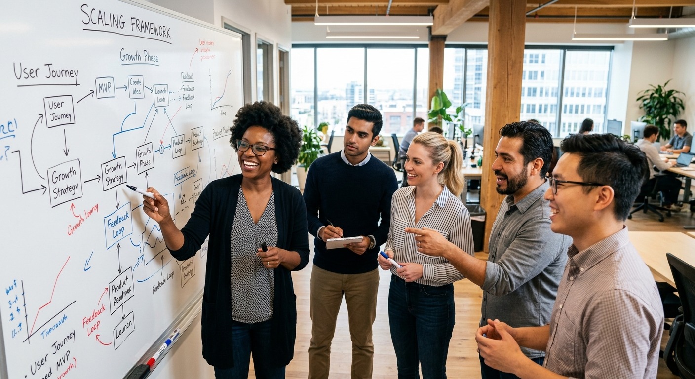 Equipe diversa de empreendedores colaborando em um quadro branco com diagramas de planejamento estratégico.