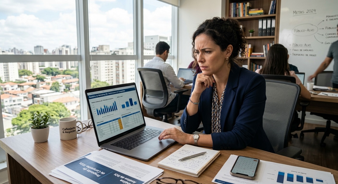 Empresário brasileiro analisando relatório de marketing no computador com expressão de dúvida