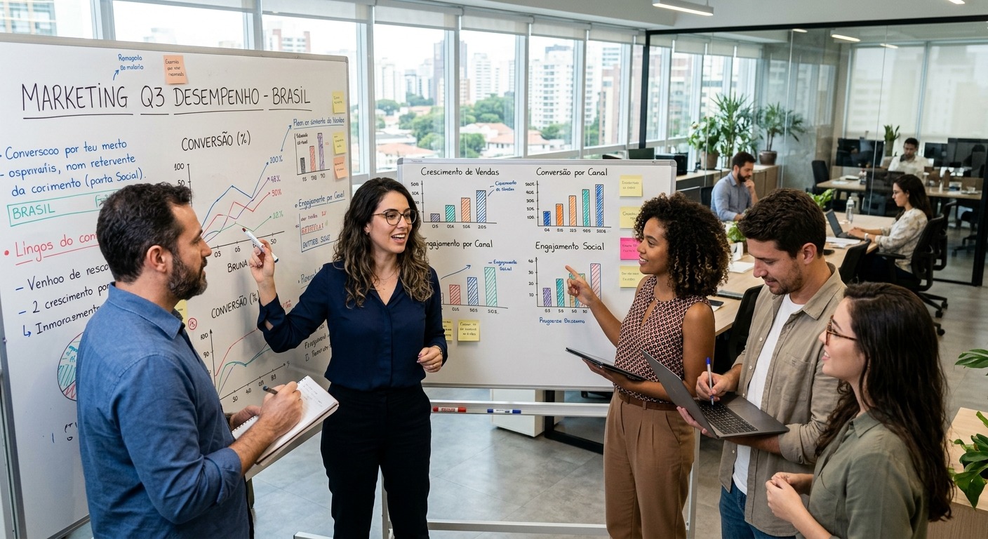 Equipe de marketing brasileira analisando gráficos em quadro branco de escritório moderno