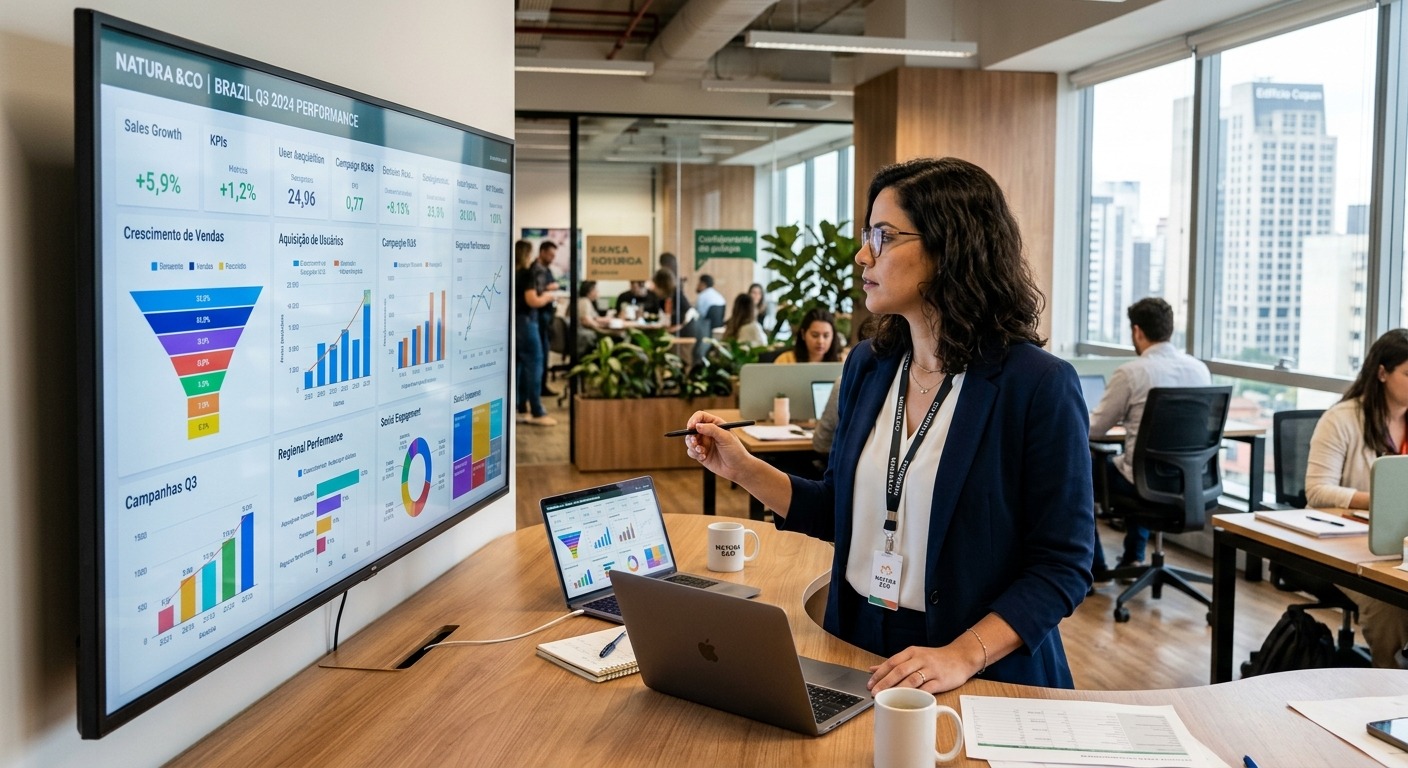 Gestor de marketing analisando dashboard de dados em monitor grande em escritório moderno