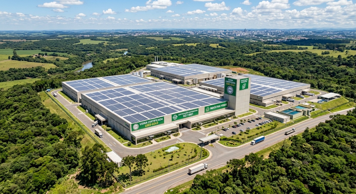 Vista aérea de fábrica brasileira com painéis solares e certificação ambiental visível no telhado