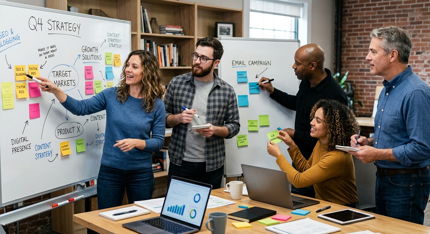 Equipe de negócios em reunião estratégica com quadro branco e post-its coloridos