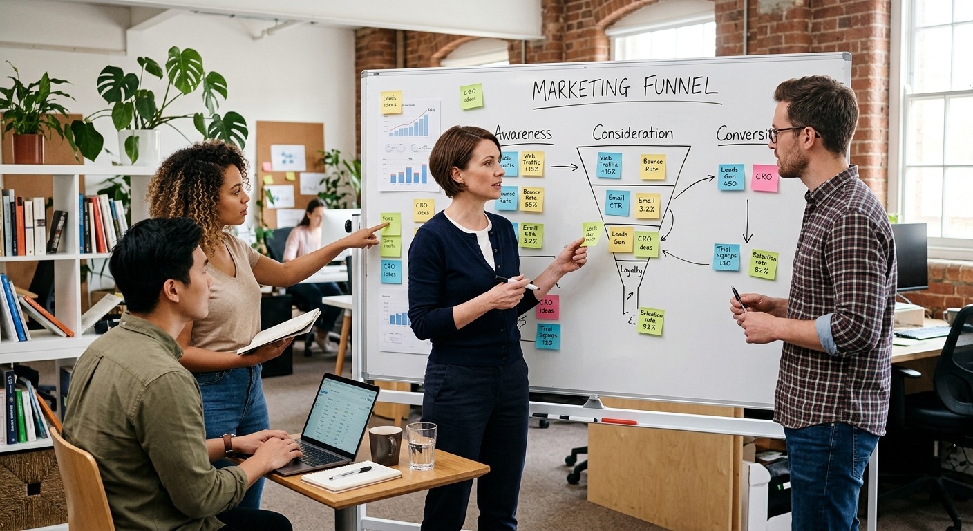 Equipe revisando dados do funil de marketing em quadro branco com notas adesivas coloridas