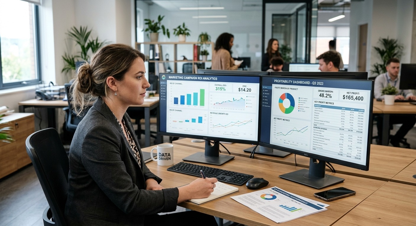 Analista de marketing comparando dashboards de ROI e margens de lucro em dois monitores