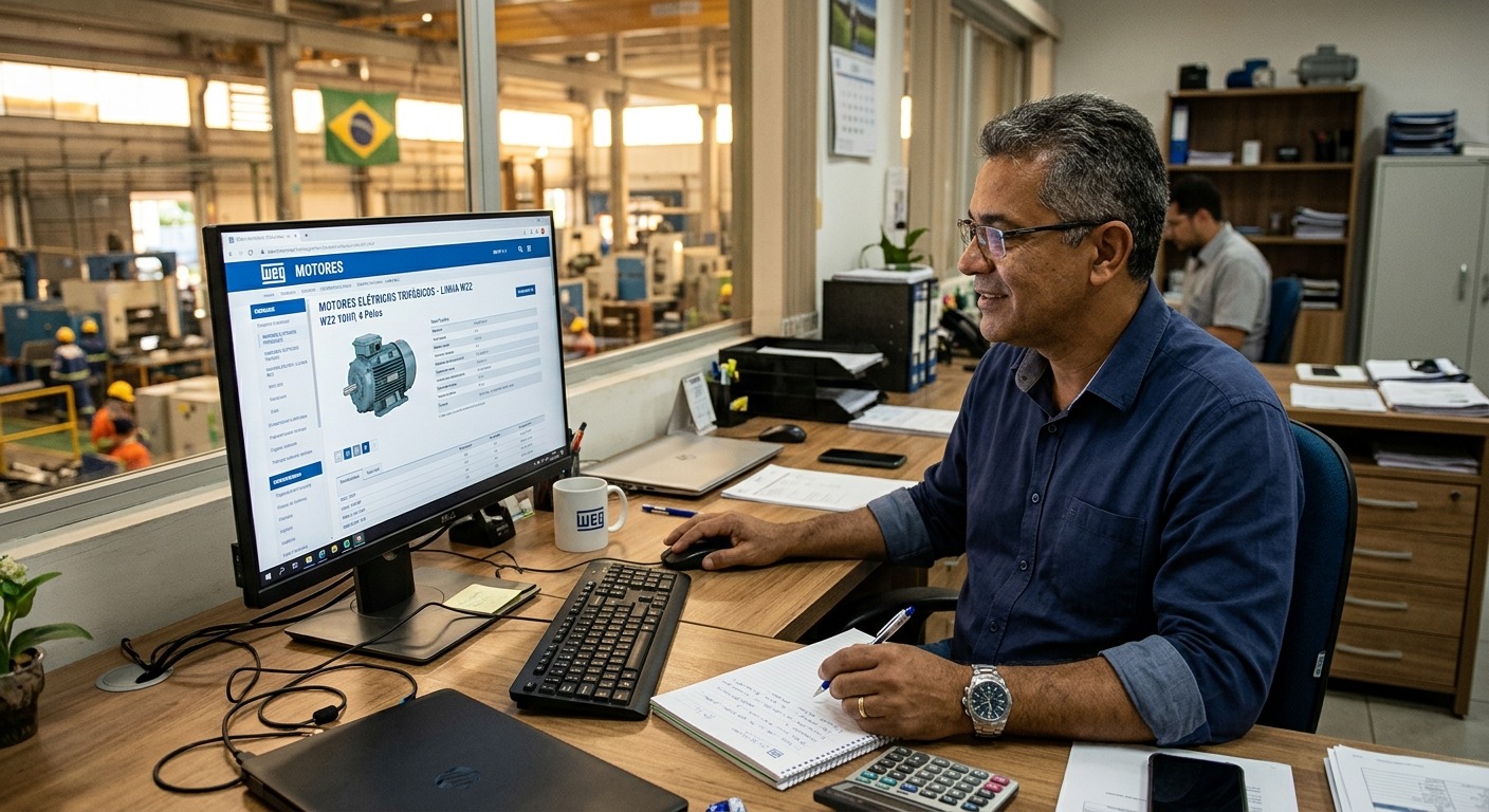 Gestor industrial brasileiro analisando catálogo digital de produtos em escritório de fábrica