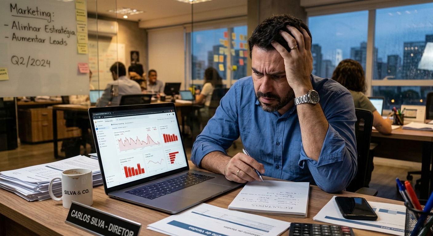 Empresário analisando gráficos de performance de marketing em laptop no escritório