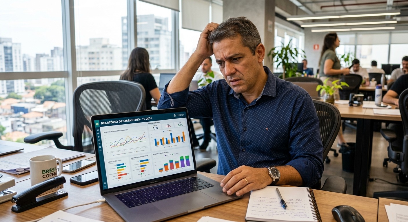 Empresário brasileiro olhando relatório de marketing com expressão de confusão em escritório