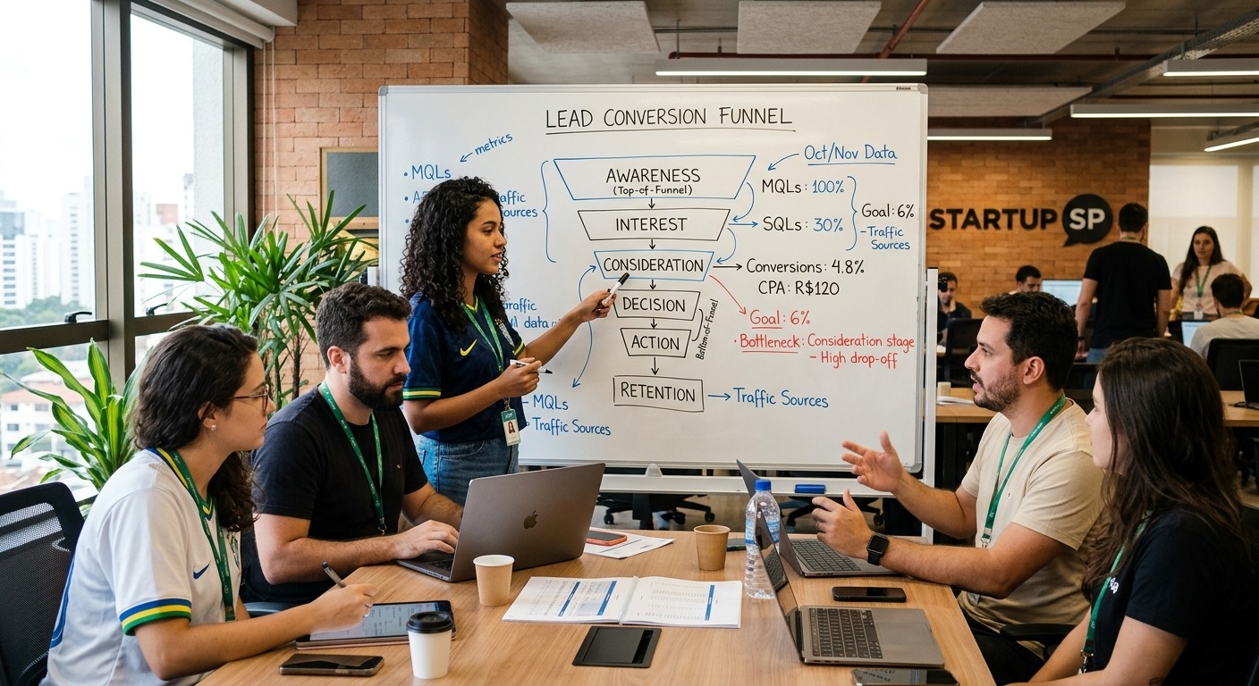 Equipe de marketing revisando dados de conversão de leads em lousa com funil de vendas