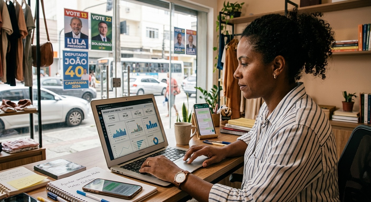 Empresário brasileiro analisando painel de marketing digital com pôsteres eleitorais ao fundo