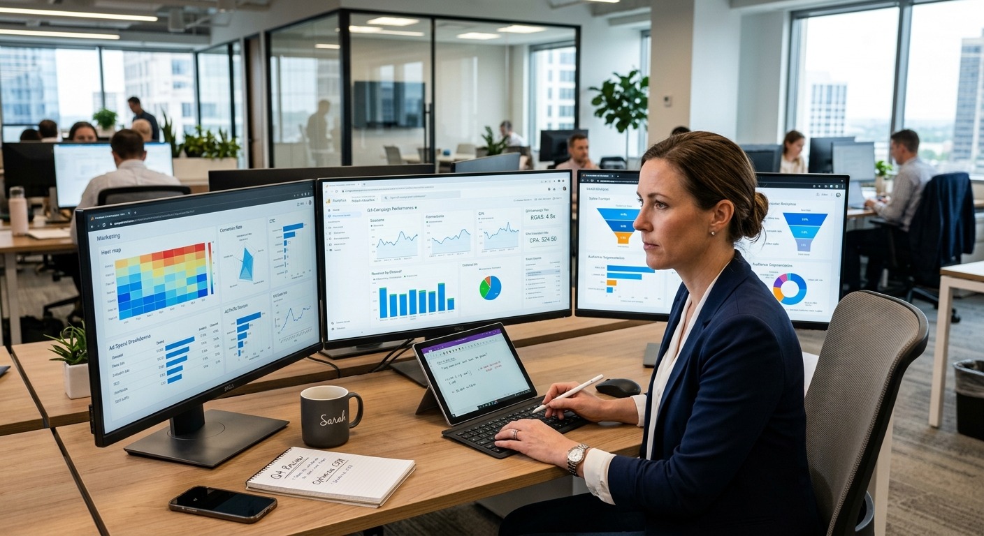 Gestor de negócios analisando painéis de marketing de performance em múltiplas telas em um escritório moderno