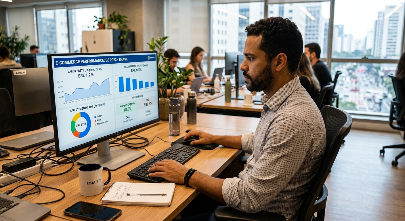 Gestor de e-commerce analisando dashboard com gráficos de custos de frete e taxas