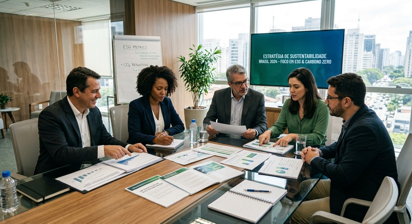 Executivos brasileiros em sala de reunião analisando documentos de estratégia de sustentabilidade