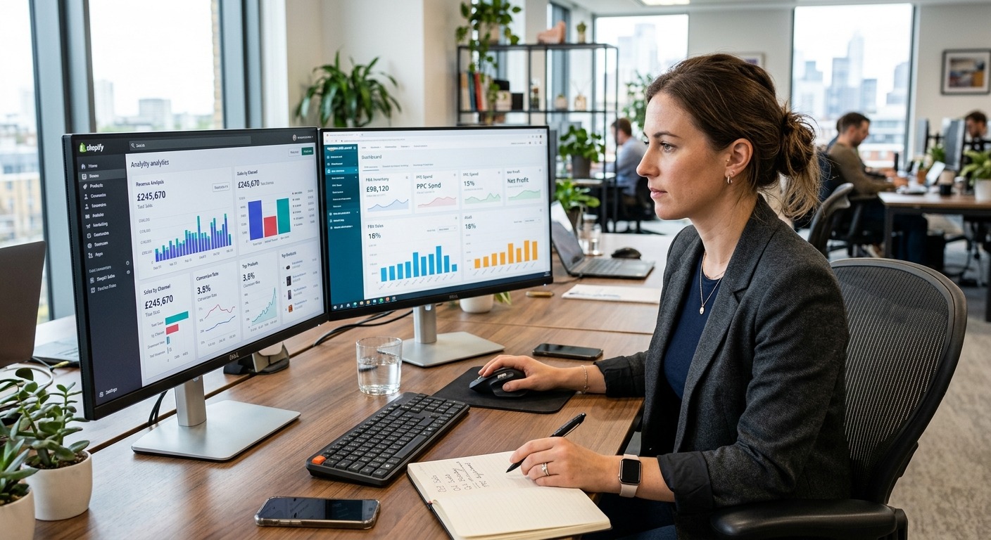 Gestor de e-commerce analisando dashboards financeiros em escritório moderno com luz natural