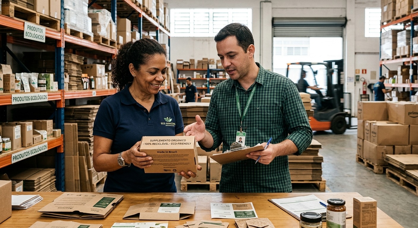 Empresário brasileiro revisando embalagens sustentáveis com fornecedor em ambiente de armazém