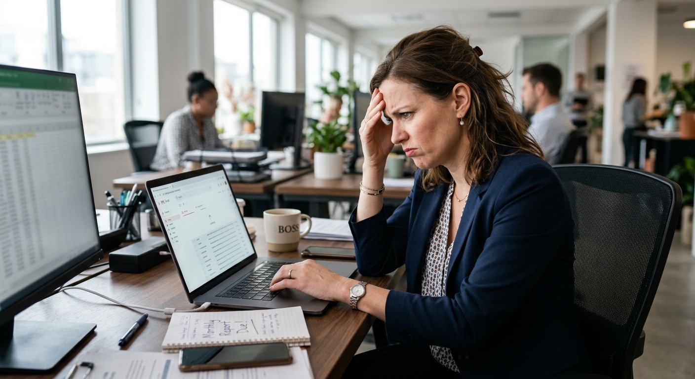 Gestor aguardando e-mail de relatório mensal em escritório com expressão preocupada