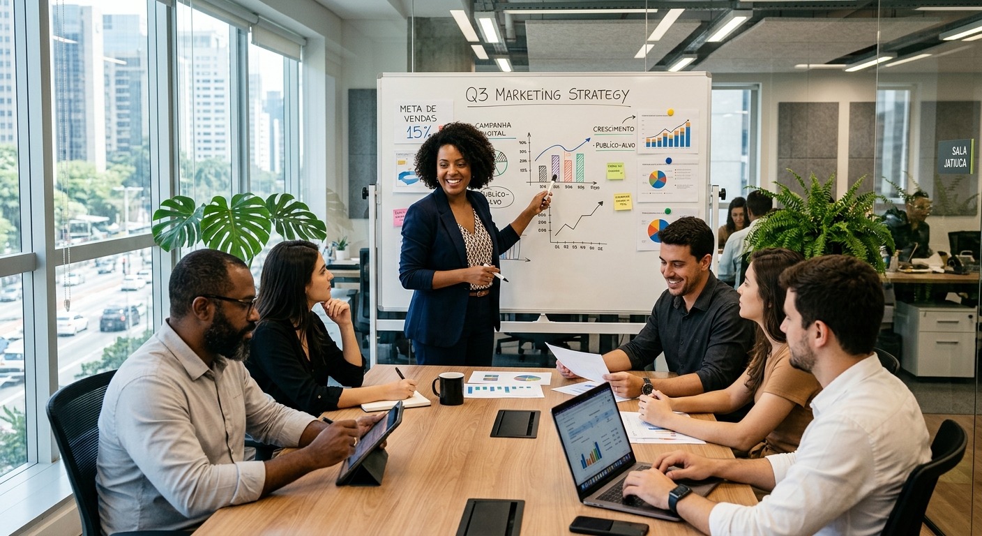 Equipe de marketing discutindo estratégia com gráficos em quadro branco em sala de reunião