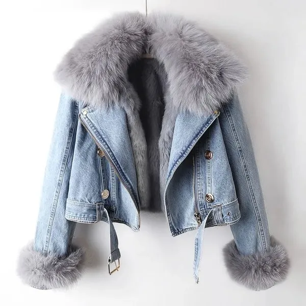 Ava Denim Jacket front view with faux fur lining
