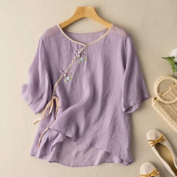 Amara Linen Shirt detail and patch accent