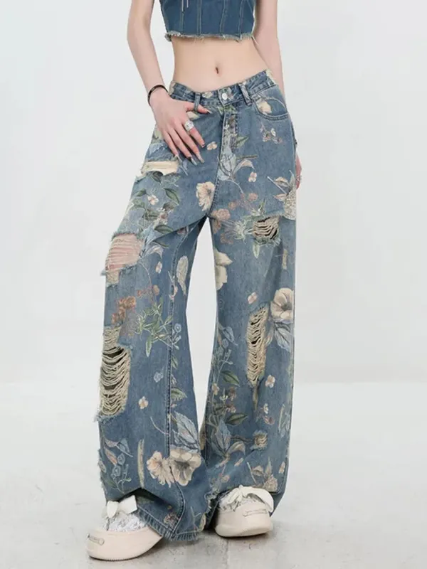 Fiona Wide-Leg Floral Jeans – Front View