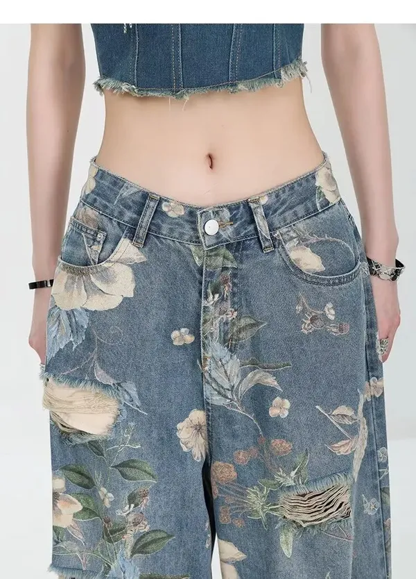 Fiona Floral Jeans – Distressed Detail Close-Up