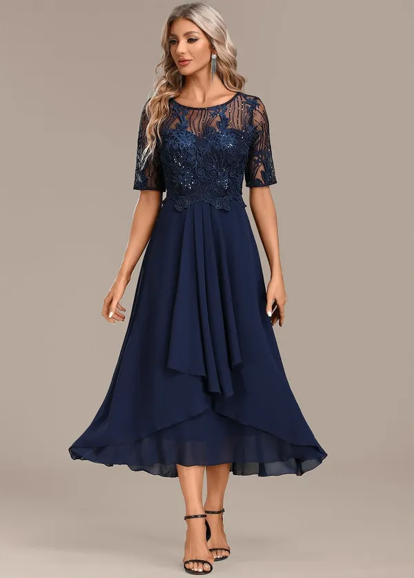 Adeline Navy Lace Round Neck Short Sleeve Dress - front view