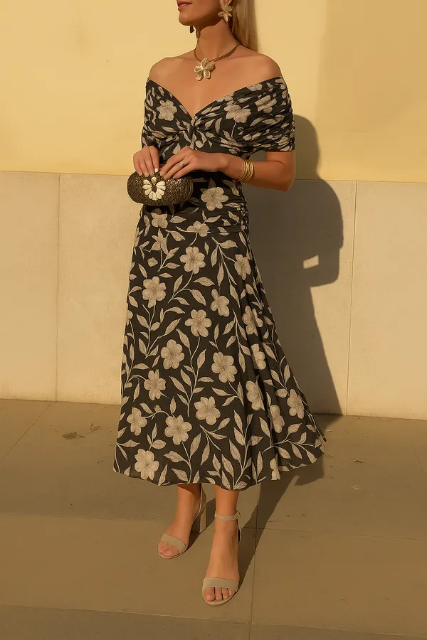 Valentina Off-Shoulder Midi Dress front view with floral print