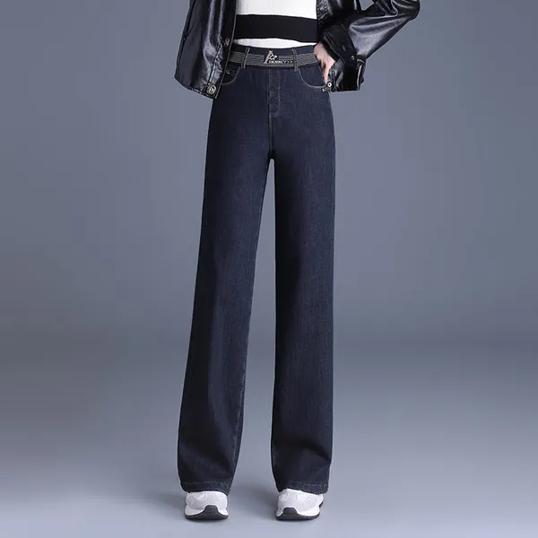 Meira Denim Pants front view – elastic high-waist straight cut
