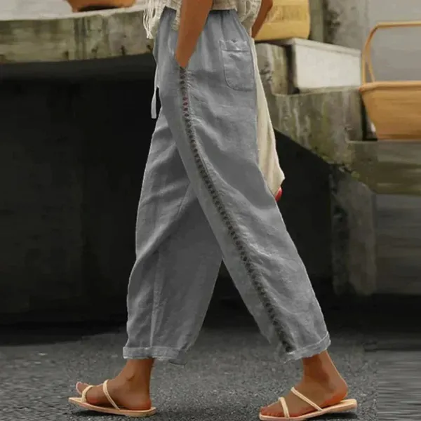Nola Tapered Linen Pants – side stripe detail