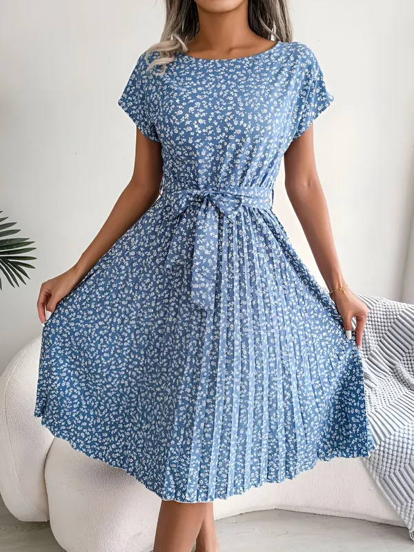 Roselyn Pleated Floral A-Line Dress side view showing pleated skirt