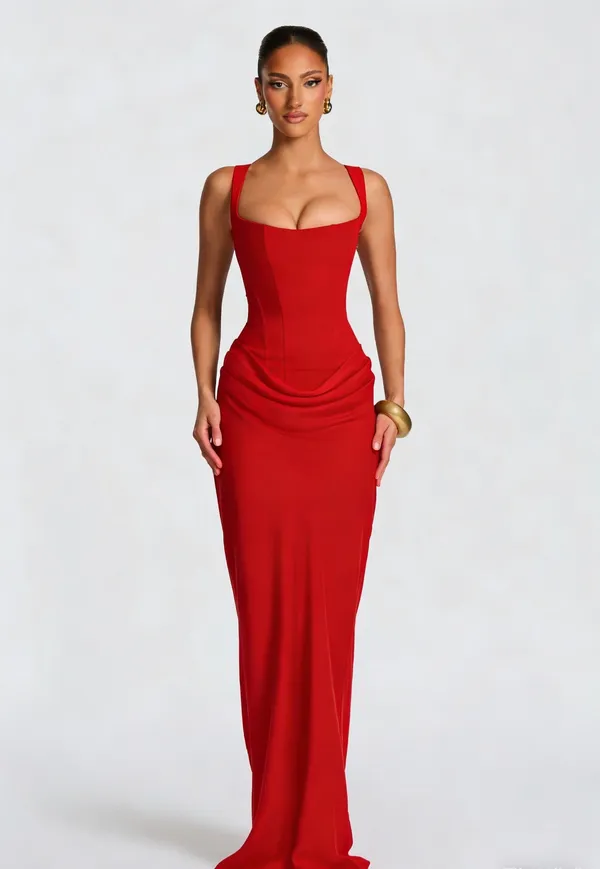 Nelya Dress side profile pleated skirt draping detail