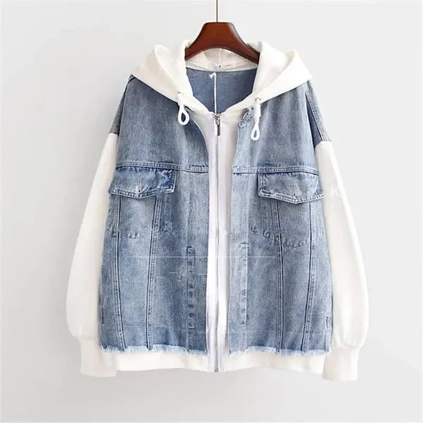 Renzo Jacket front view showing denim body and contrasting soft hood