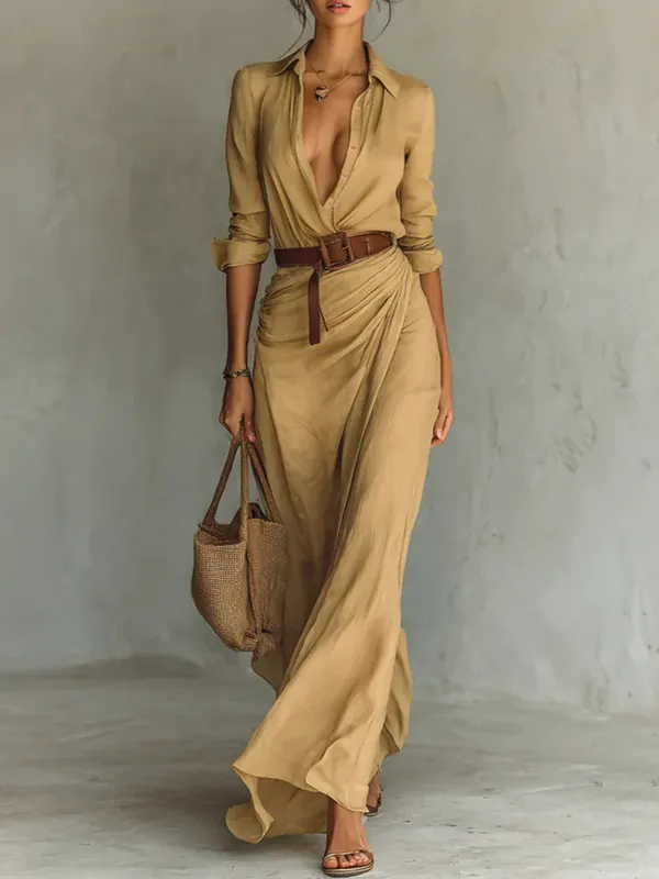 Savina Lapel Long Sleeve Belted Maxi Dress – front view