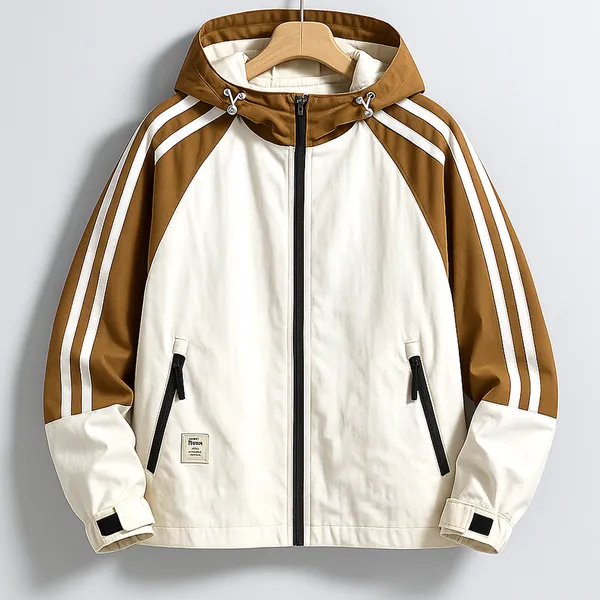 Nova Jacket front view – hooded windbreaker with bold sleeve stripes